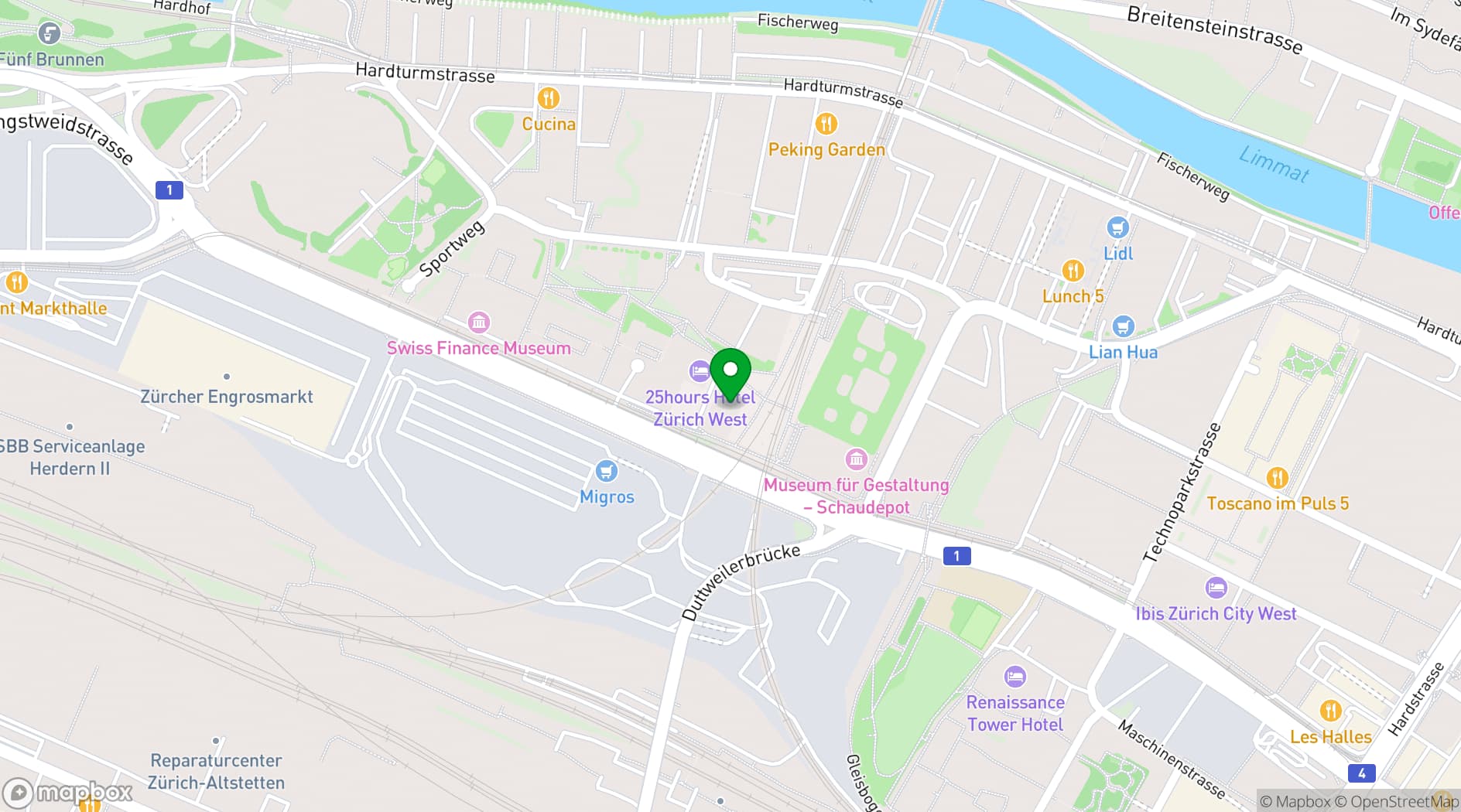 Map showing Sheraton Zurich Hotel