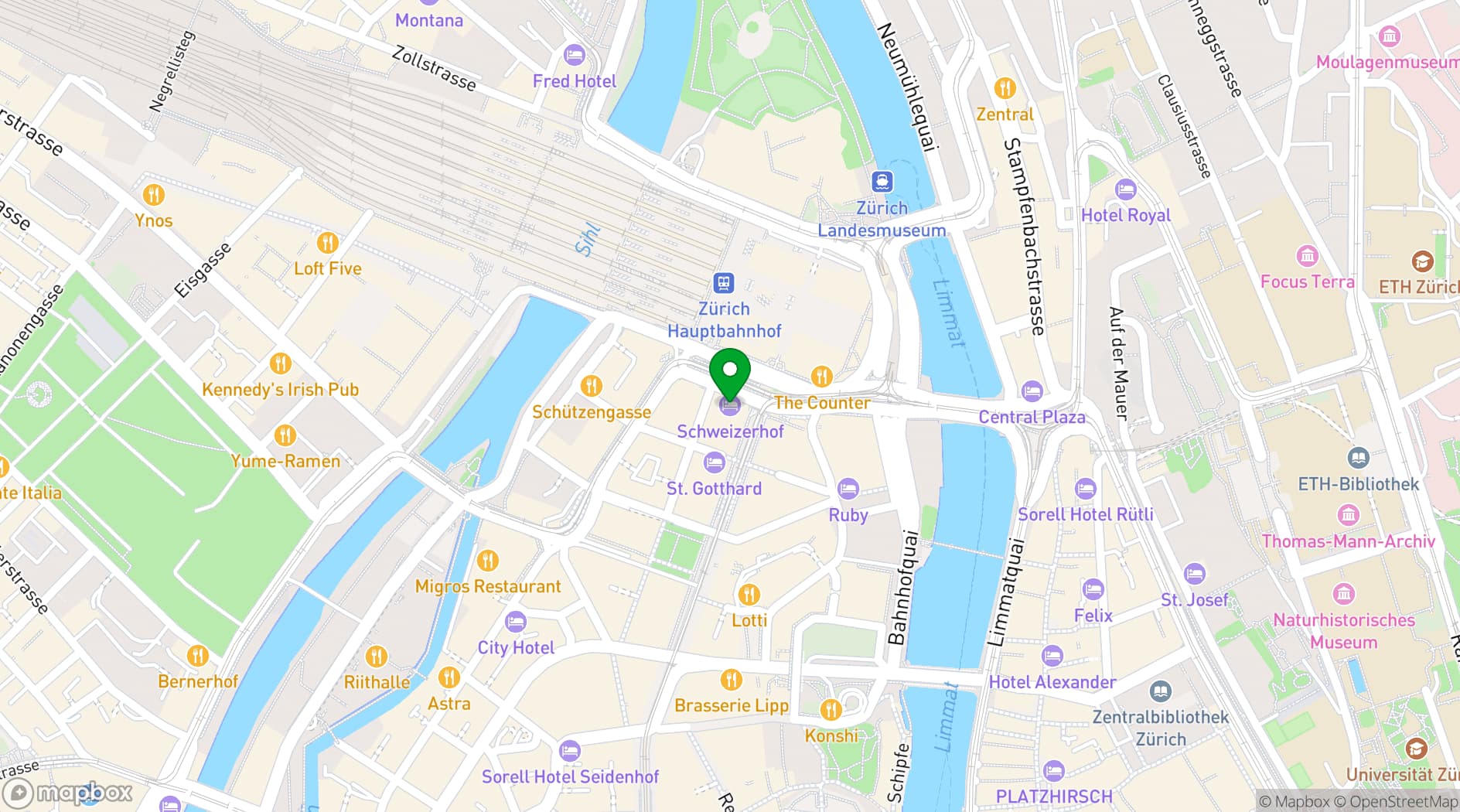 Map showing Hotel Schweizerhof Zürich