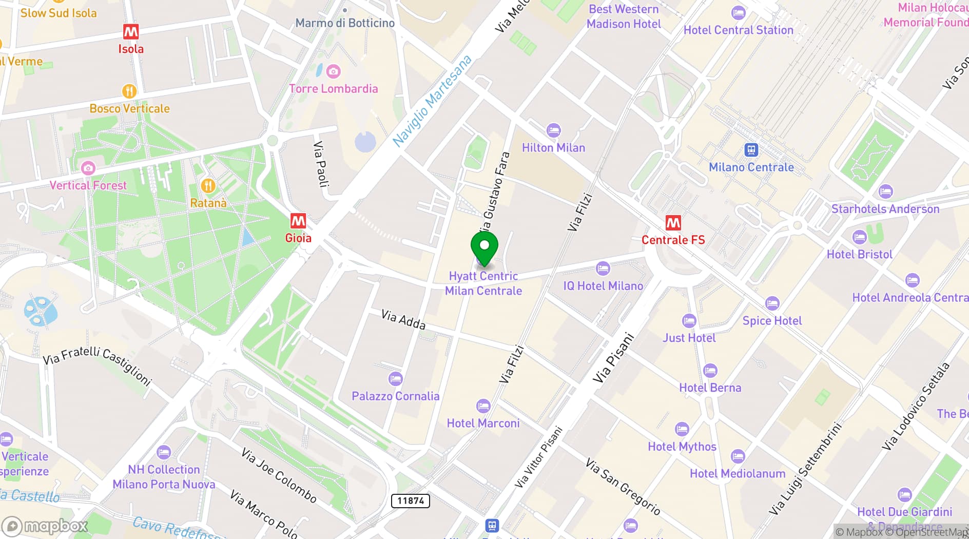 Map showing Hyatt Centric Milan Centrale
