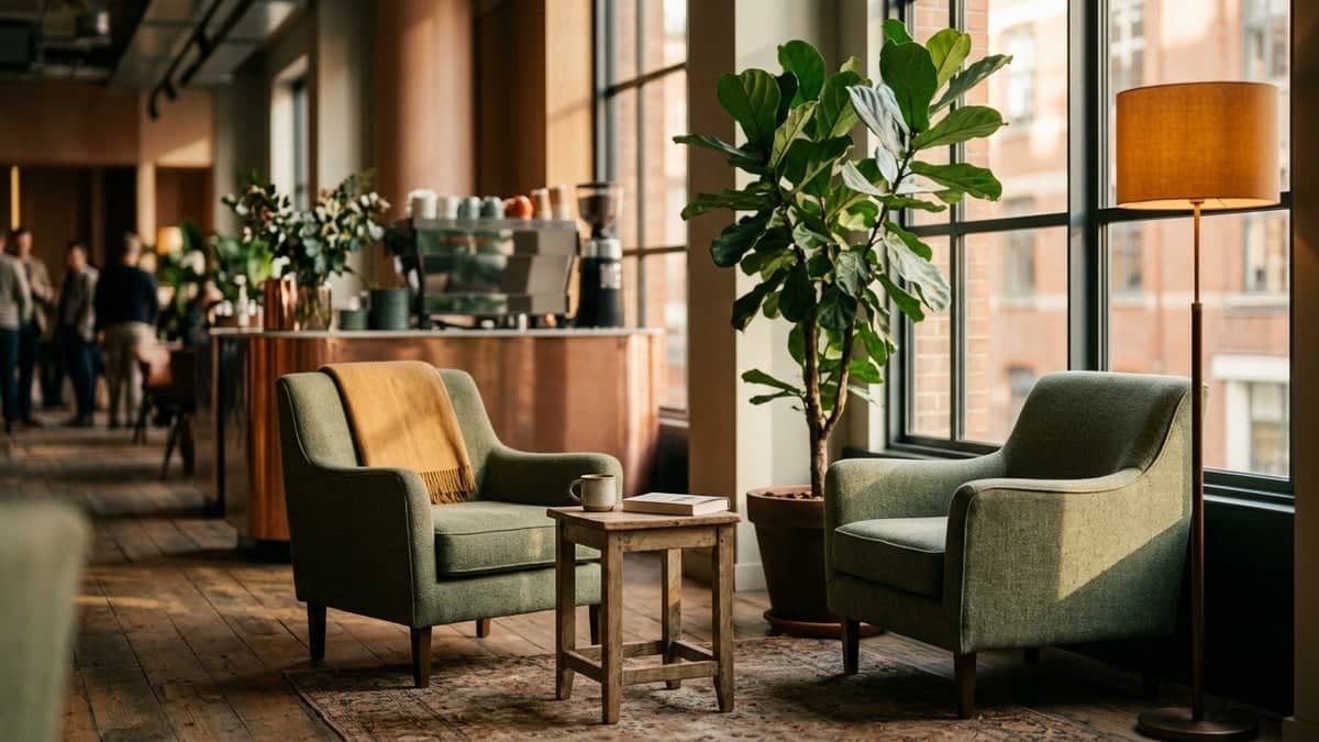 Quiet corner of a modern corporate venue with two low armchairs facing each other across a wooden side table, a tall plant and a soft floor lamp in warm afternoon light