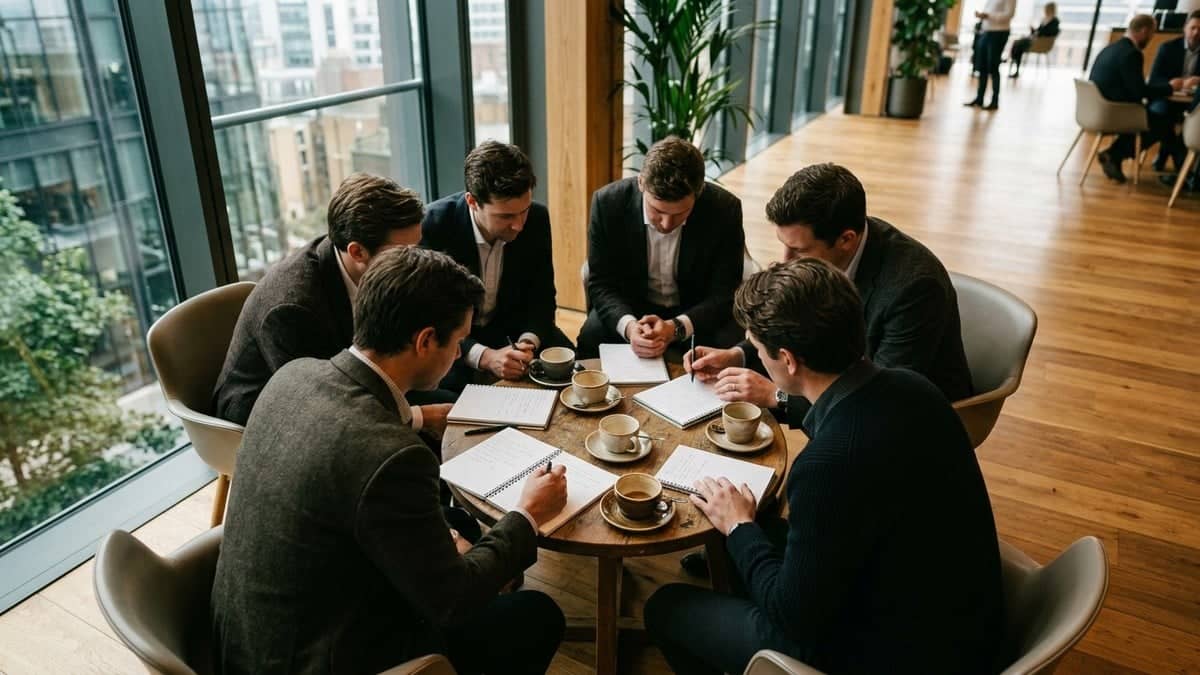 Overhead view of six professionals leaning in around a small round table in a modern corporate venue, with notepads and coffee cups, natural daylight from a side window