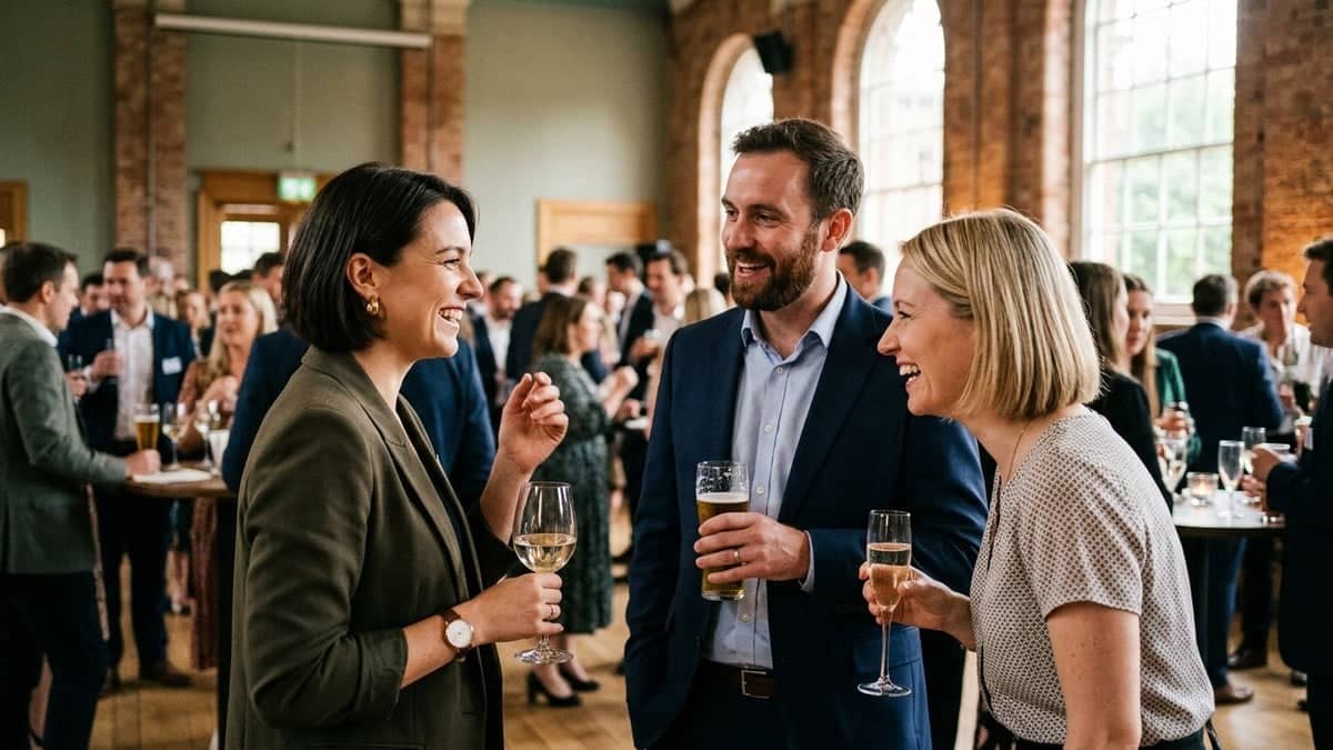 Two professionals talking and laughing with drinks in hand at a corporate reception, other guests softly blurred behind them