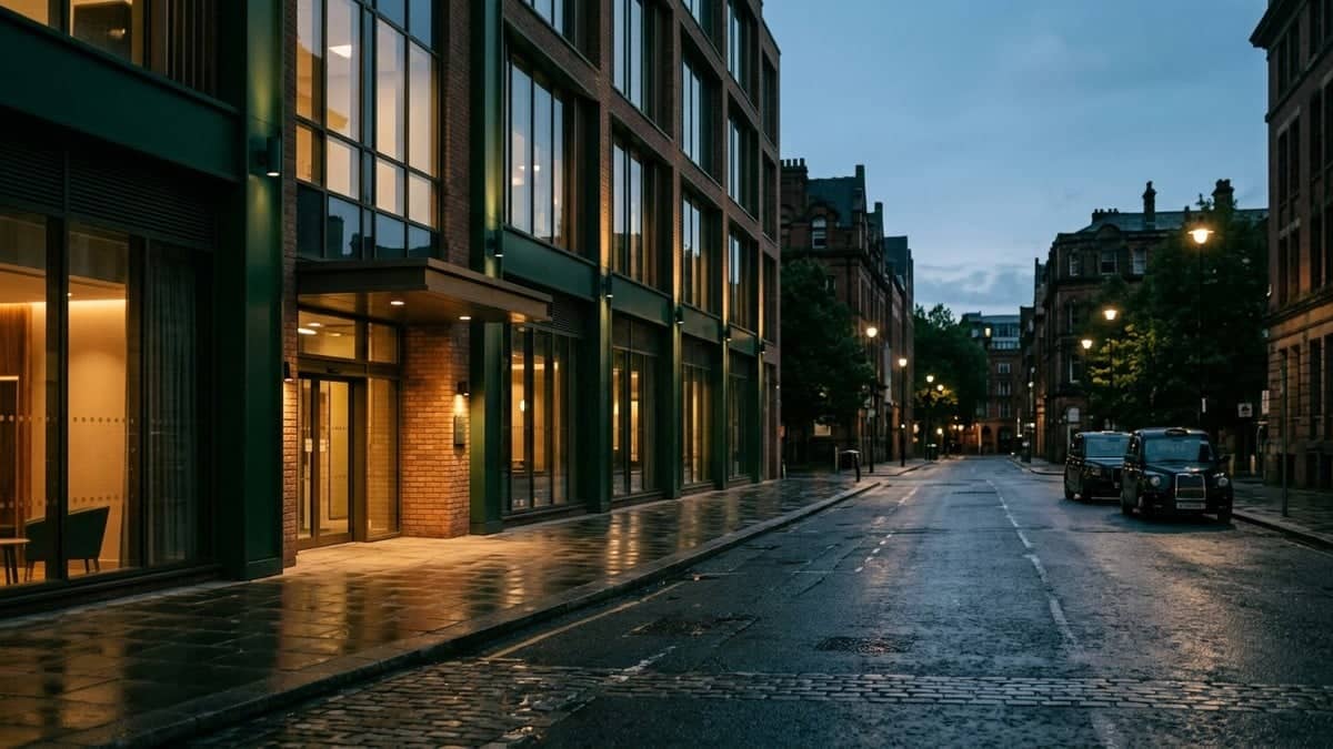 Dusk view of a quiet street outside a UK regional convention venue with warm light spilling from the windows onto the pavement