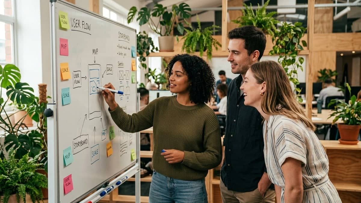 Small team huddled around a whiteboard with sketches and post-it notes in a bright co-working space