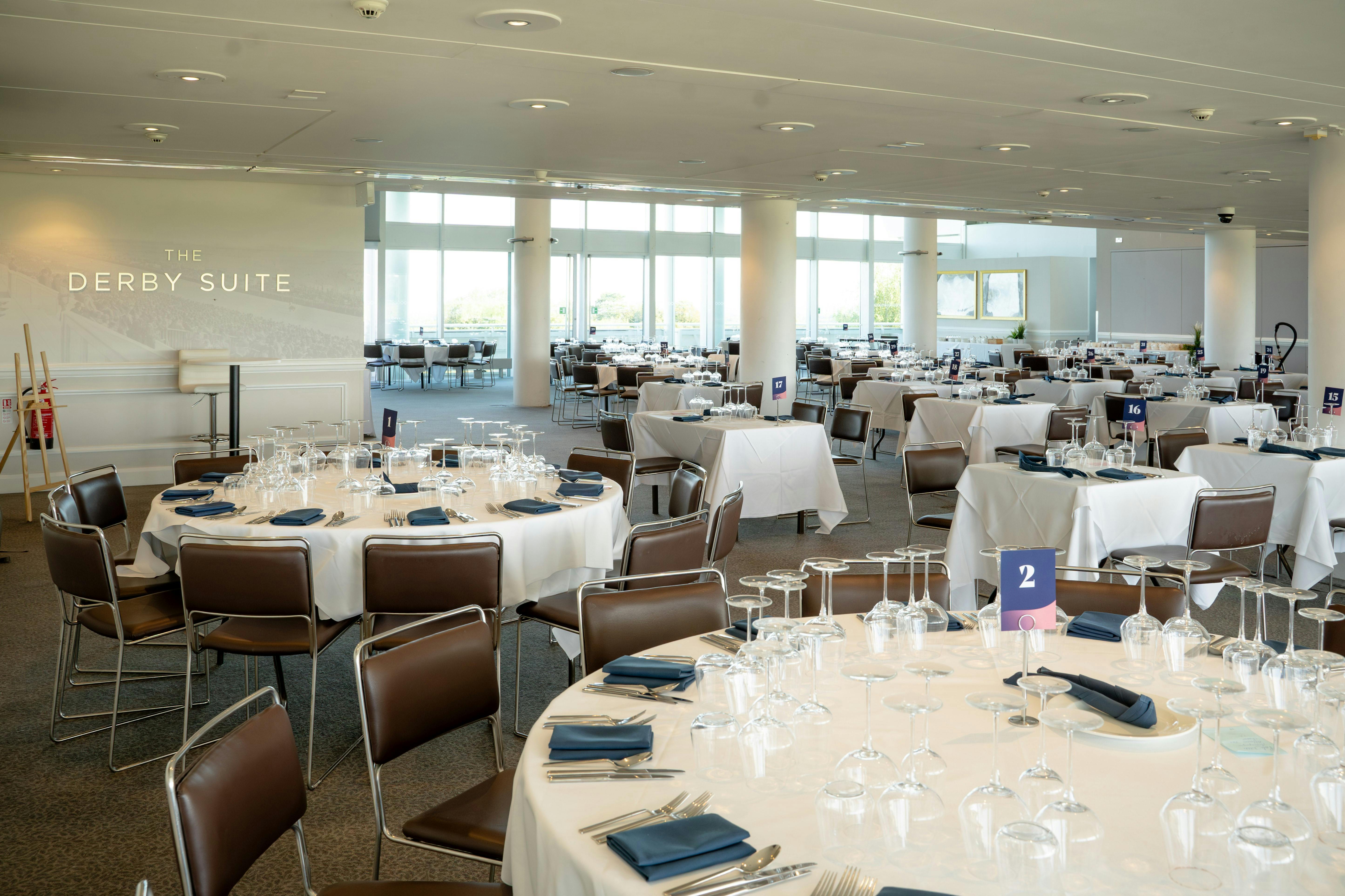 Derby Suite at Epsom Downs: elegant event space for corporate meetings and dinners.