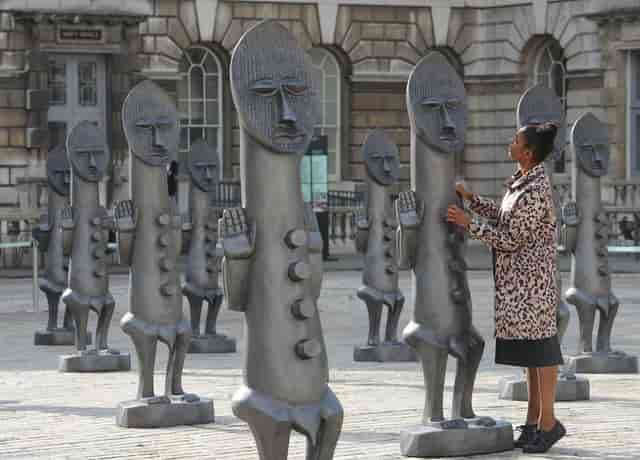 Edmond J. Safra Fountain Court with abstract sculptures, ideal for events and networking.