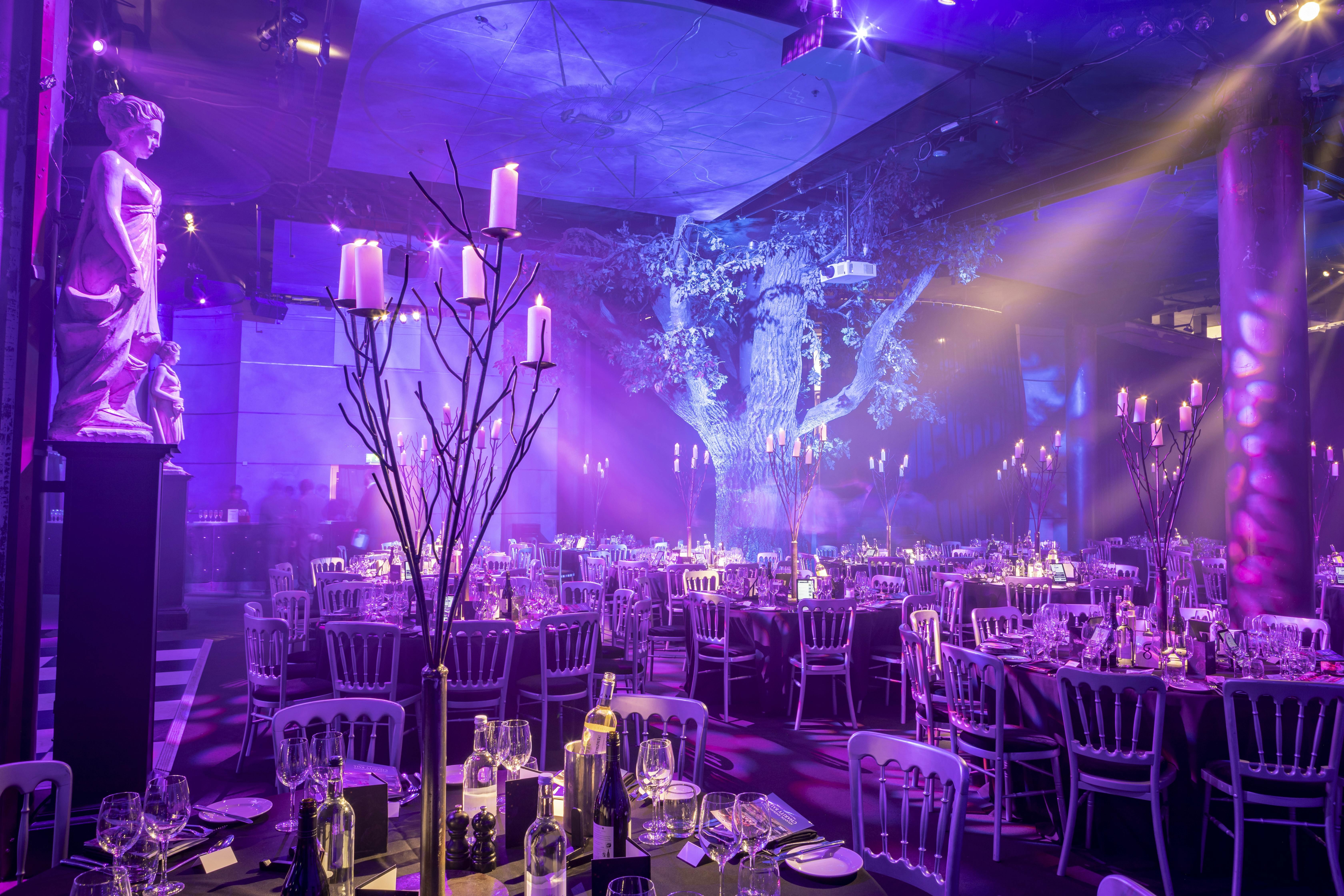 Elegant dinner setup in Underglobe, Swan at The Globe for corporate events and weddings.