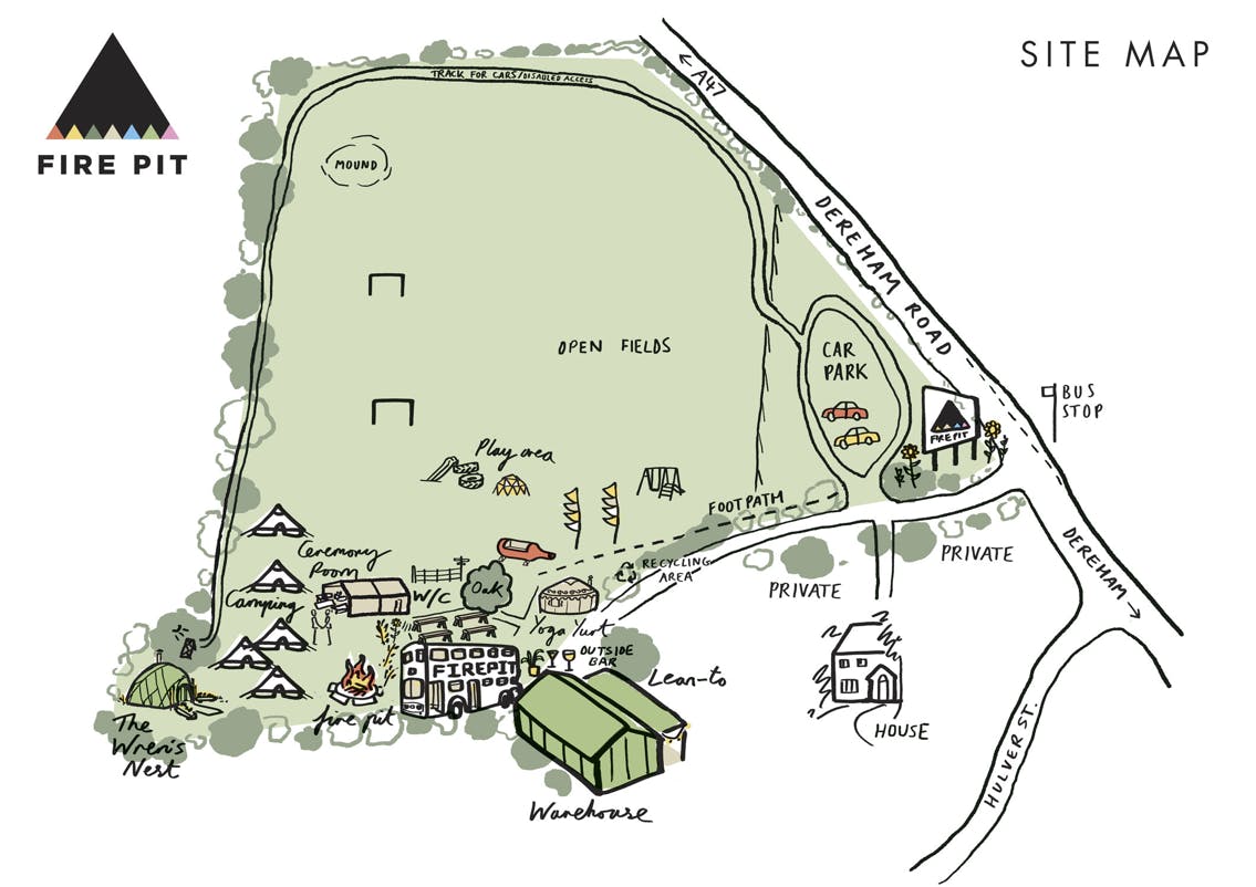 Outdoor event site map featuring fire pit, tents, and accessible pathways.