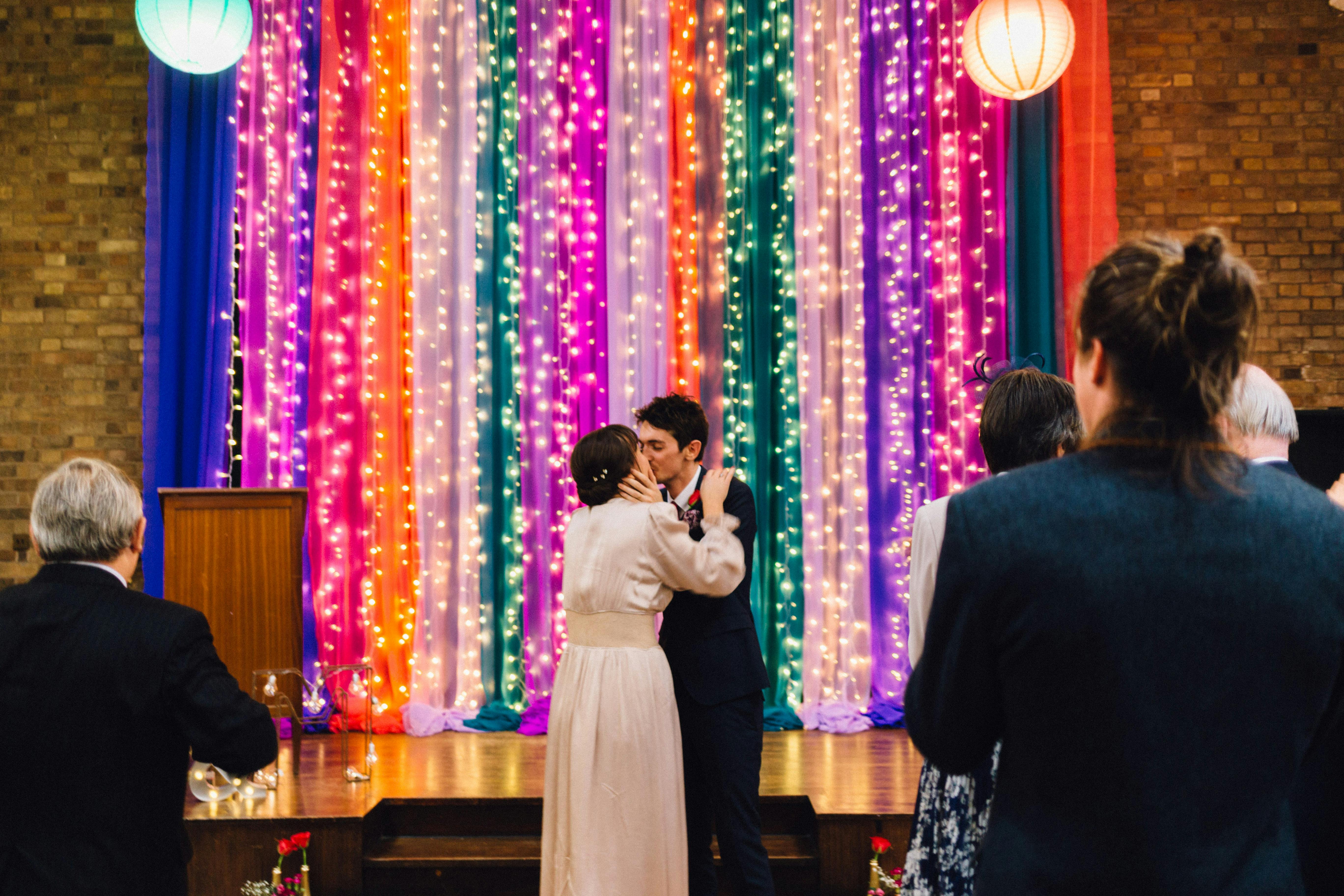 Large Hall in Unity Islington, decorated for a romantic wedding celebration.