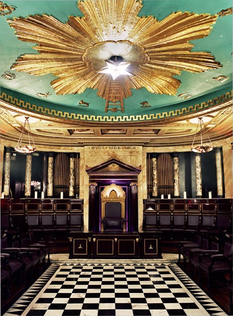 Luxurious Masonic Temple meeting space with ornate ceiling, ideal for high-profile events.