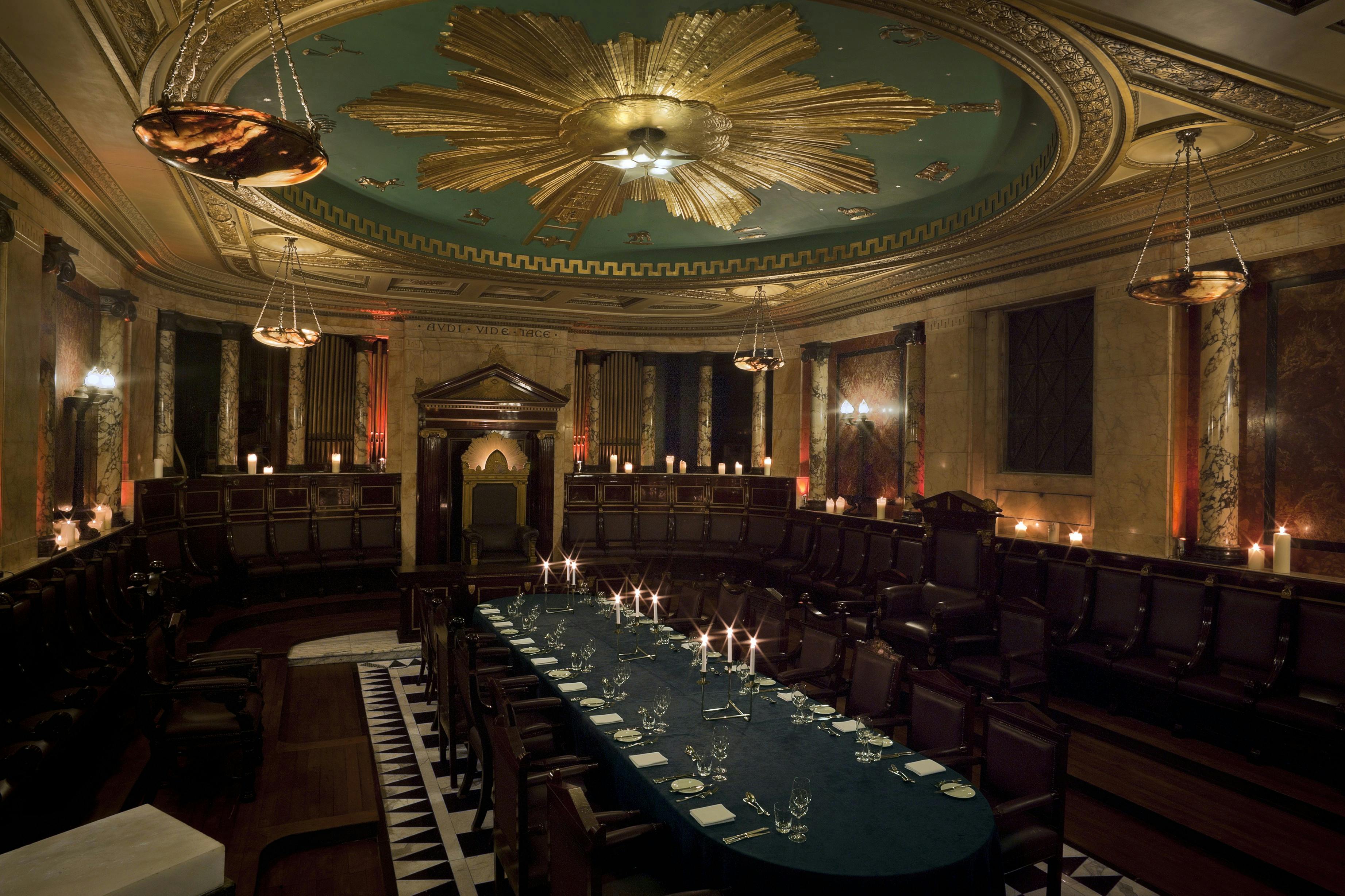 Elegant Masonic Temple event space with ornate ceiling for intimate gatherings and meetings.