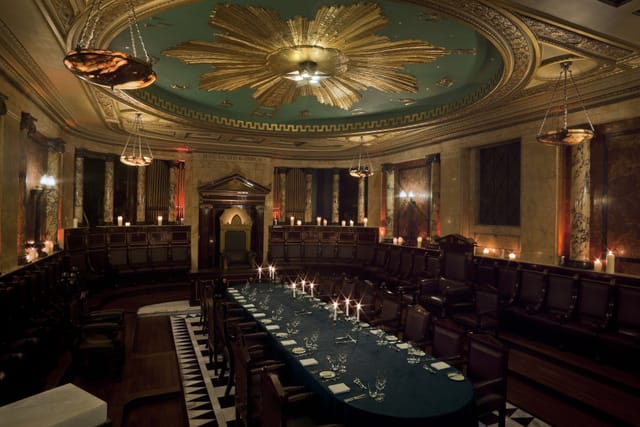 Elegant Masonic Temple event space with ornate ceiling for intimate gatherings and meetings.