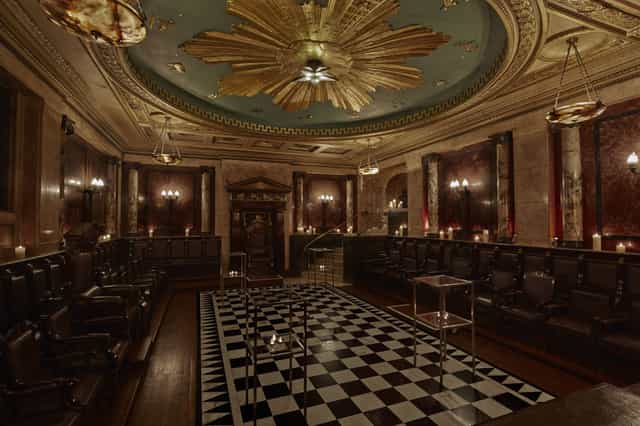Masonic Temple at Andaz London: ornate ceiling, ideal for exclusive events and gatherings.