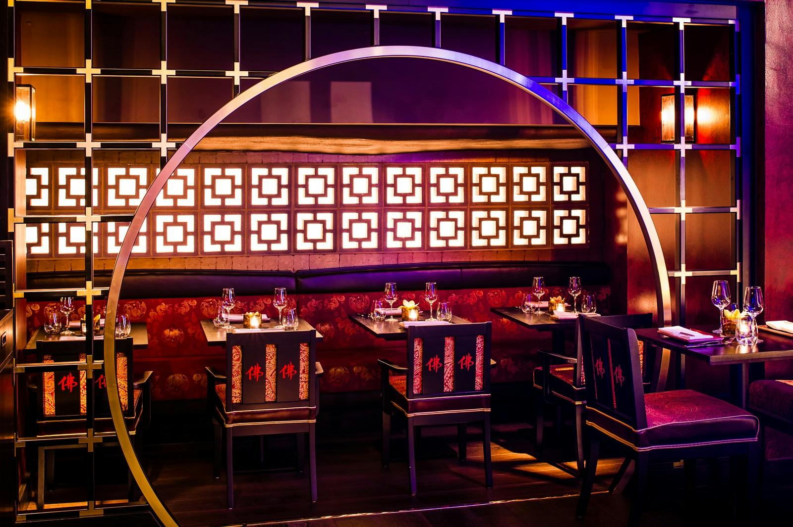 Buddha Booths at Buddha Bar London, elegant seating for private events and upscale dinners.