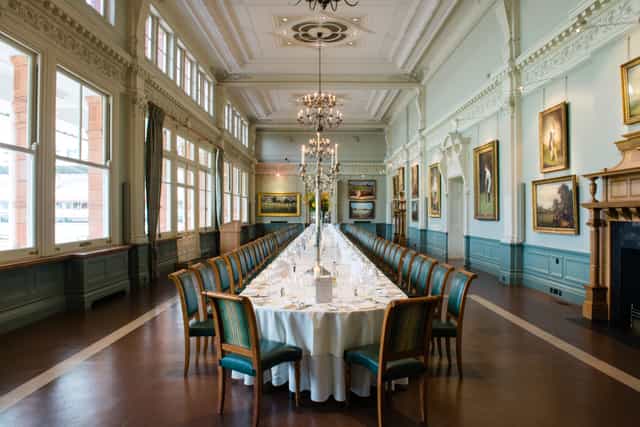 Elegant Long Room at Lord's Cricket Ground, ideal for formal dinners and corporate events.