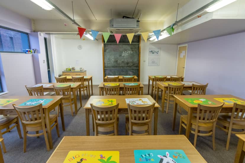Classroom in Clockwork Edge St, ideal for meetings with colorful decor and natural light.