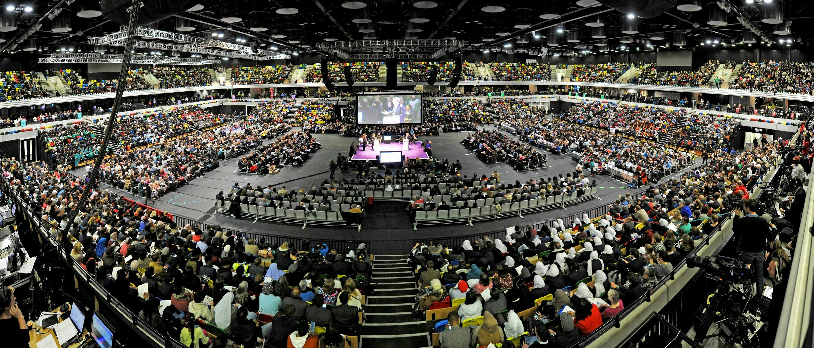 Main Arena at Copper Box: packed event with tiered seating and central stage for engagement.