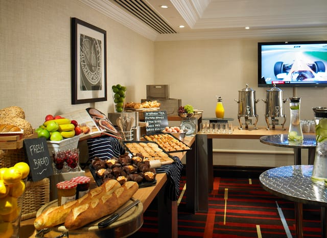 Trevelyan Suite refreshment station with pastries and fruits for meetings at Leeds Marriott Hotel.