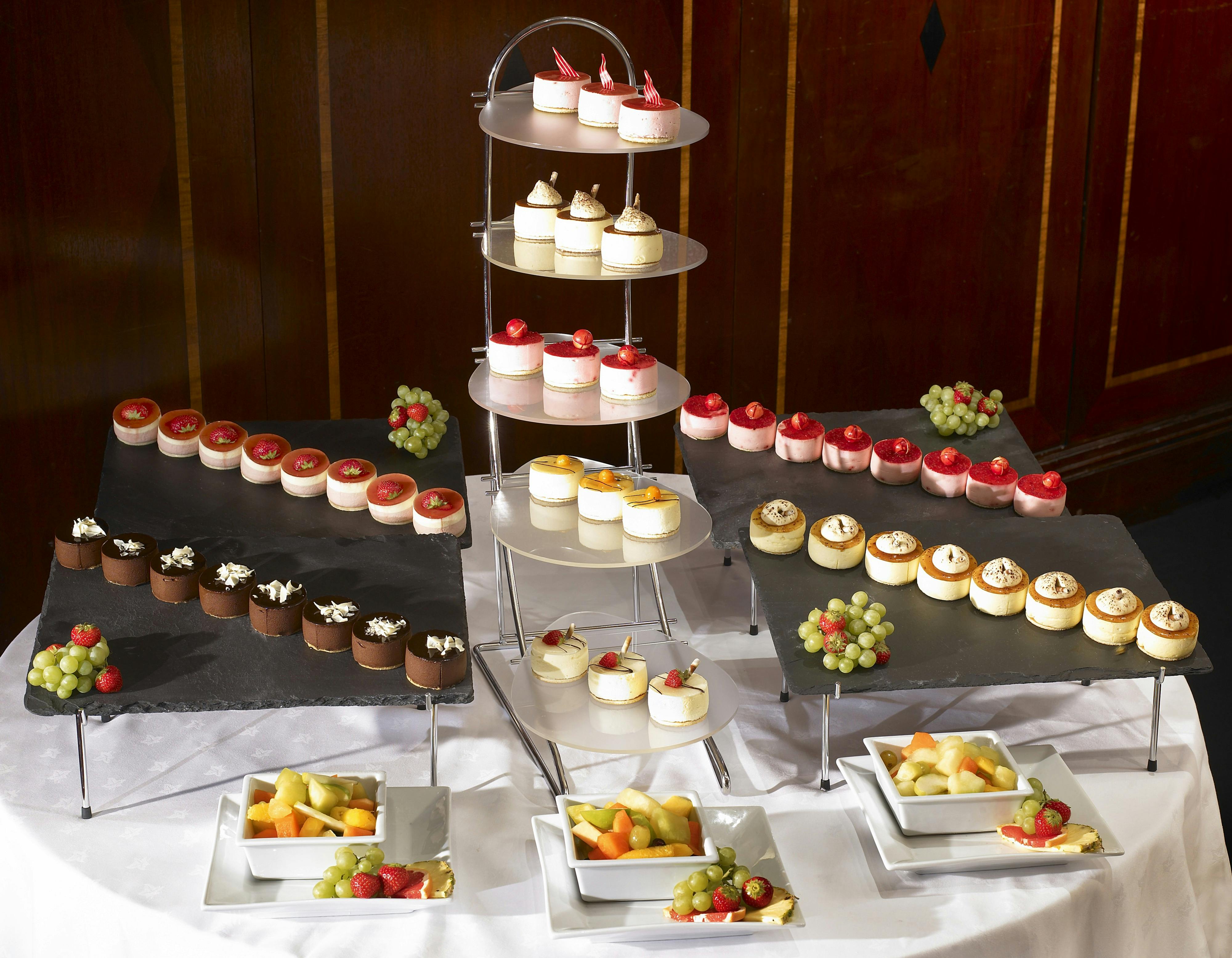 Elegant dessert display in Trevelyan Suite, Leeds Marriott Hotel for events.