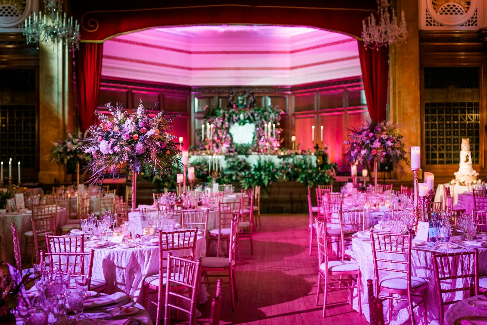 Elegant Porchester Hall Main Hall with floral centerpieces for weddings and galas.