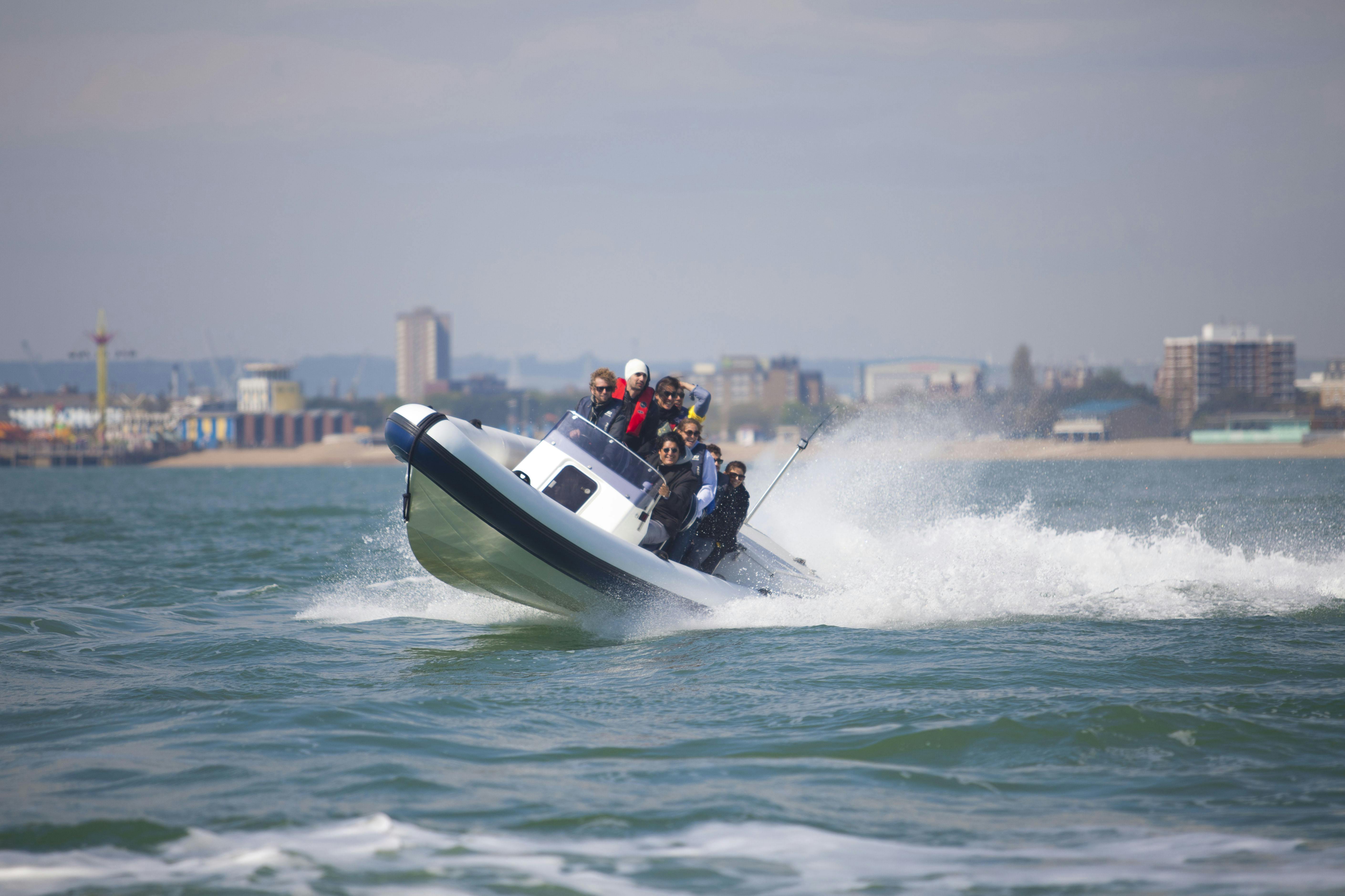 Team-building speedboat ride at The Officer's Mess, Spitbank Fort, perfect for corporate retreats.