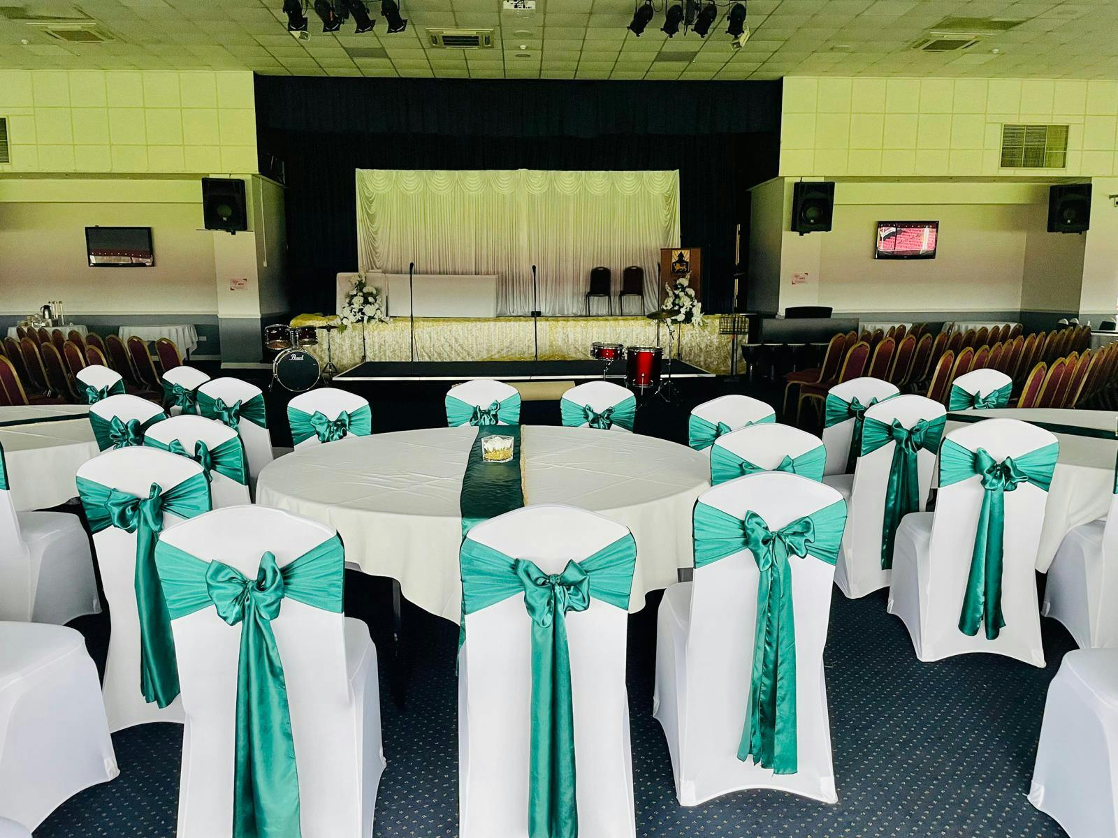 Stadium Suite at Walsall FC, elegantly draped tables for corporate events and weddings.