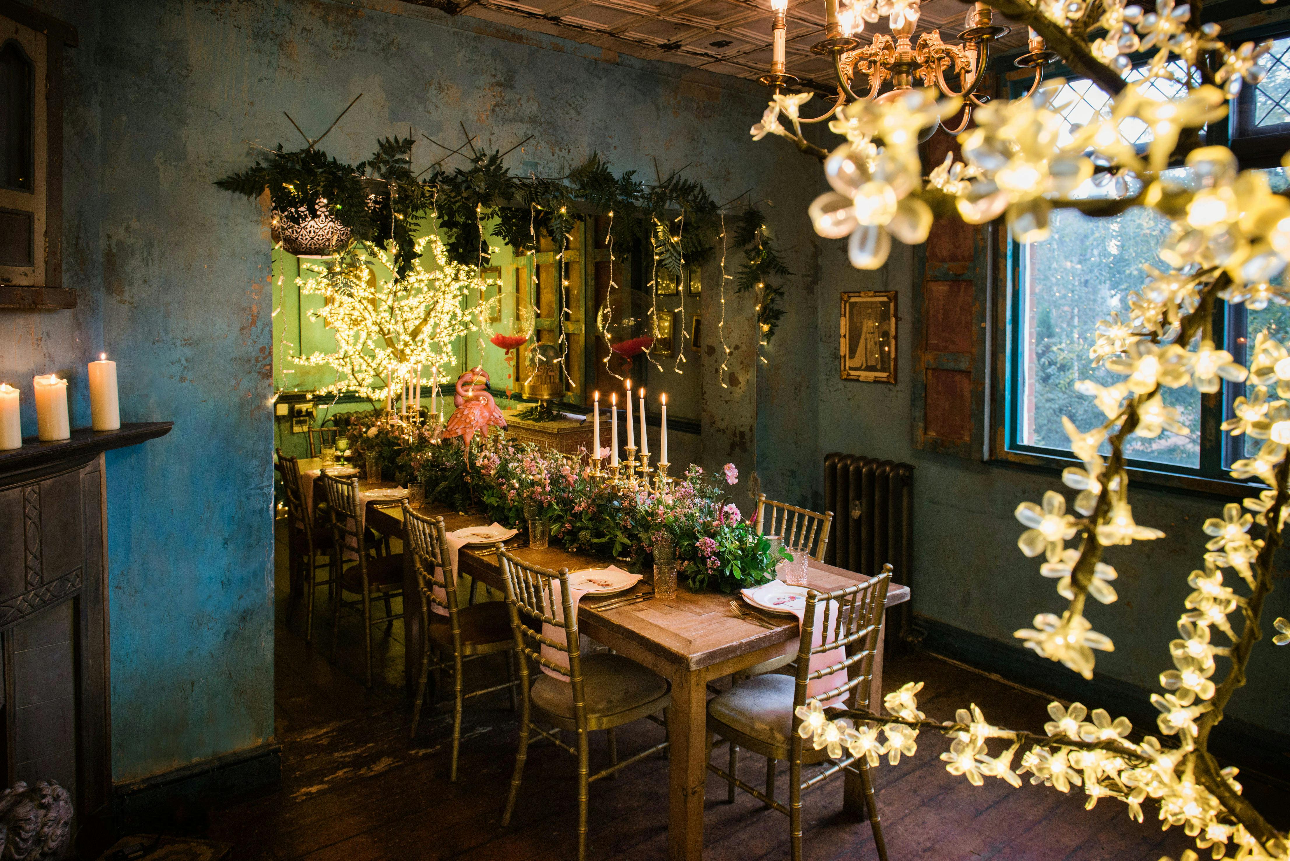 Elegant private dining room with floral decor, perfect for intimate events and celebrations.