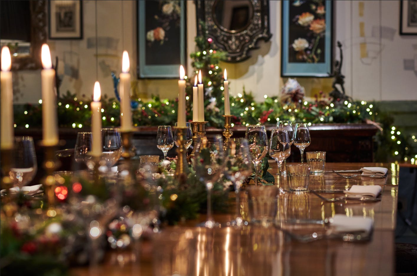 Elegant dining table with candlelight for festive gatherings at The Zetter Clerkenwell.