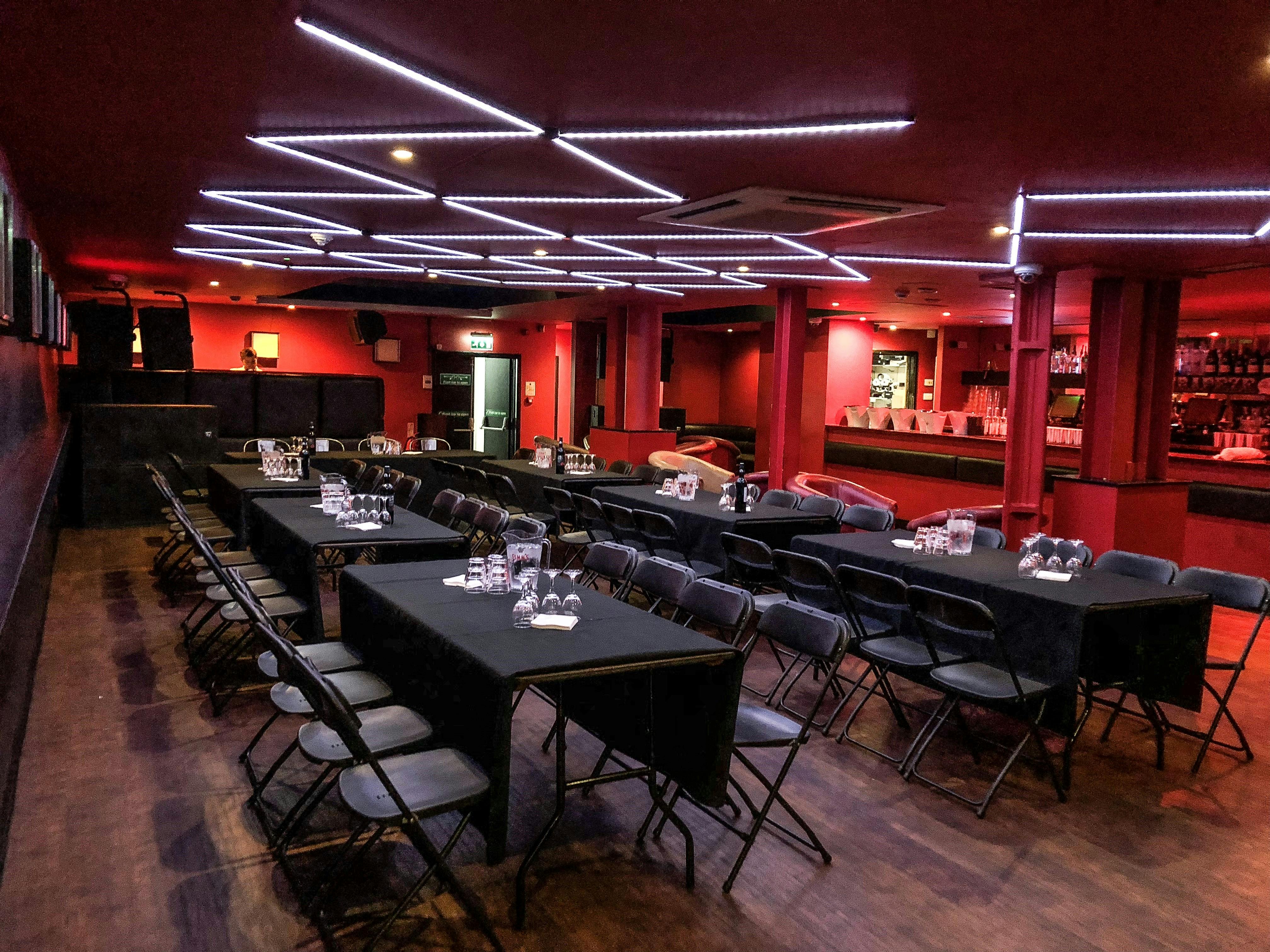 The Basement Club at Trapeze Bar: modern event space for workshops and presentations.