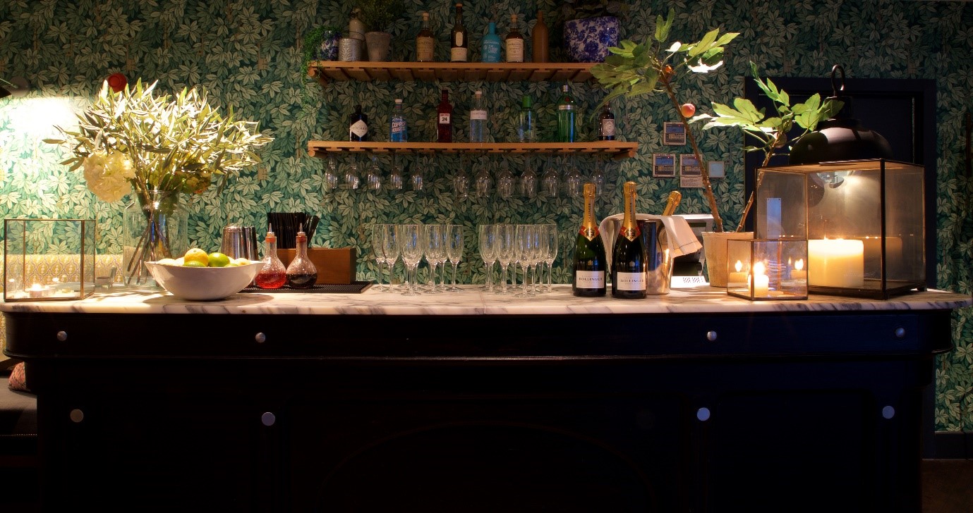 Large Private Dining Room at Brasserie Blanc Southbank, elegant bar setup for upscale events. - Banner