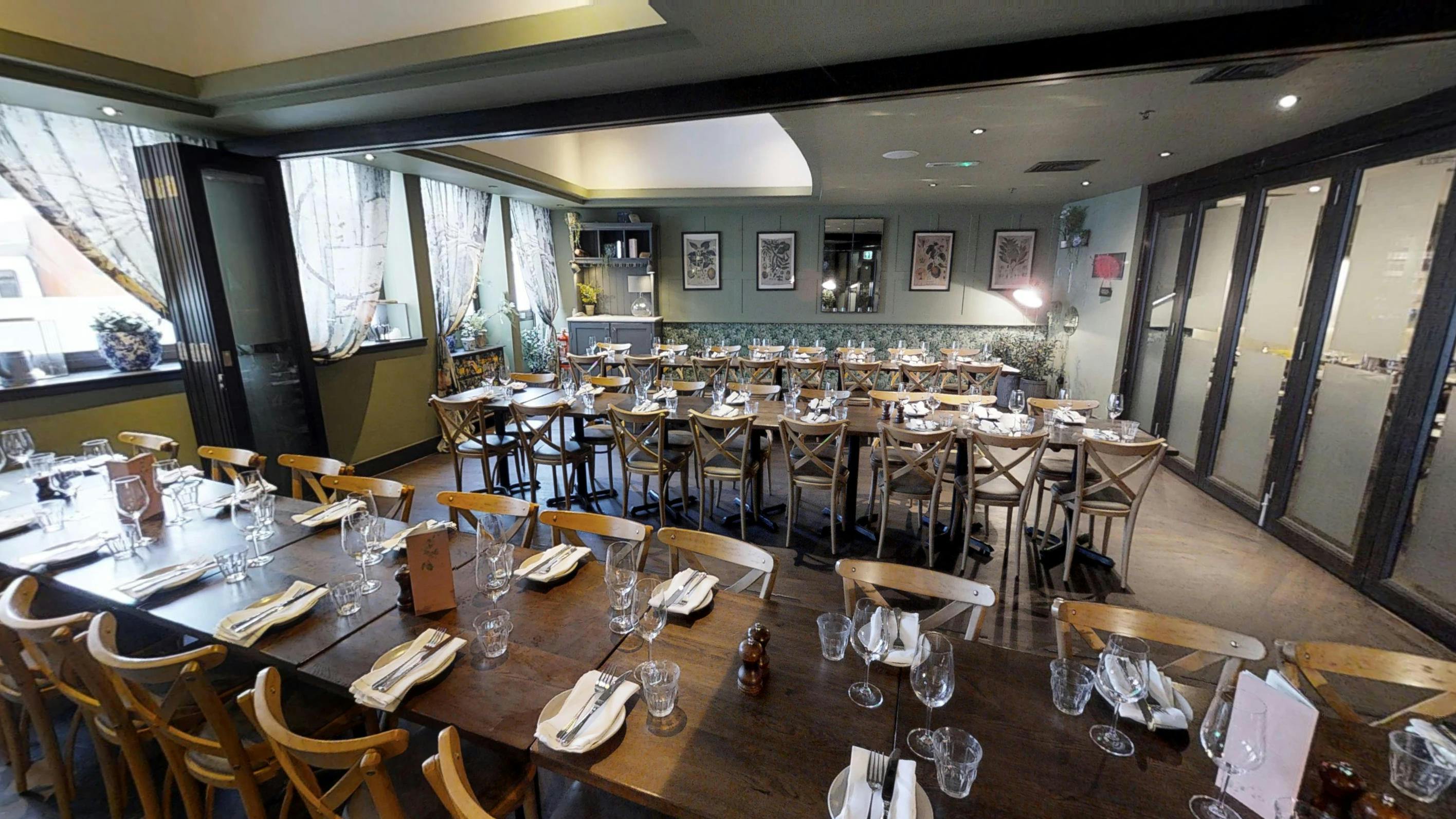 Large private dining room at Brasserie Blanc Southbank, ideal for corporate events and gatherings.