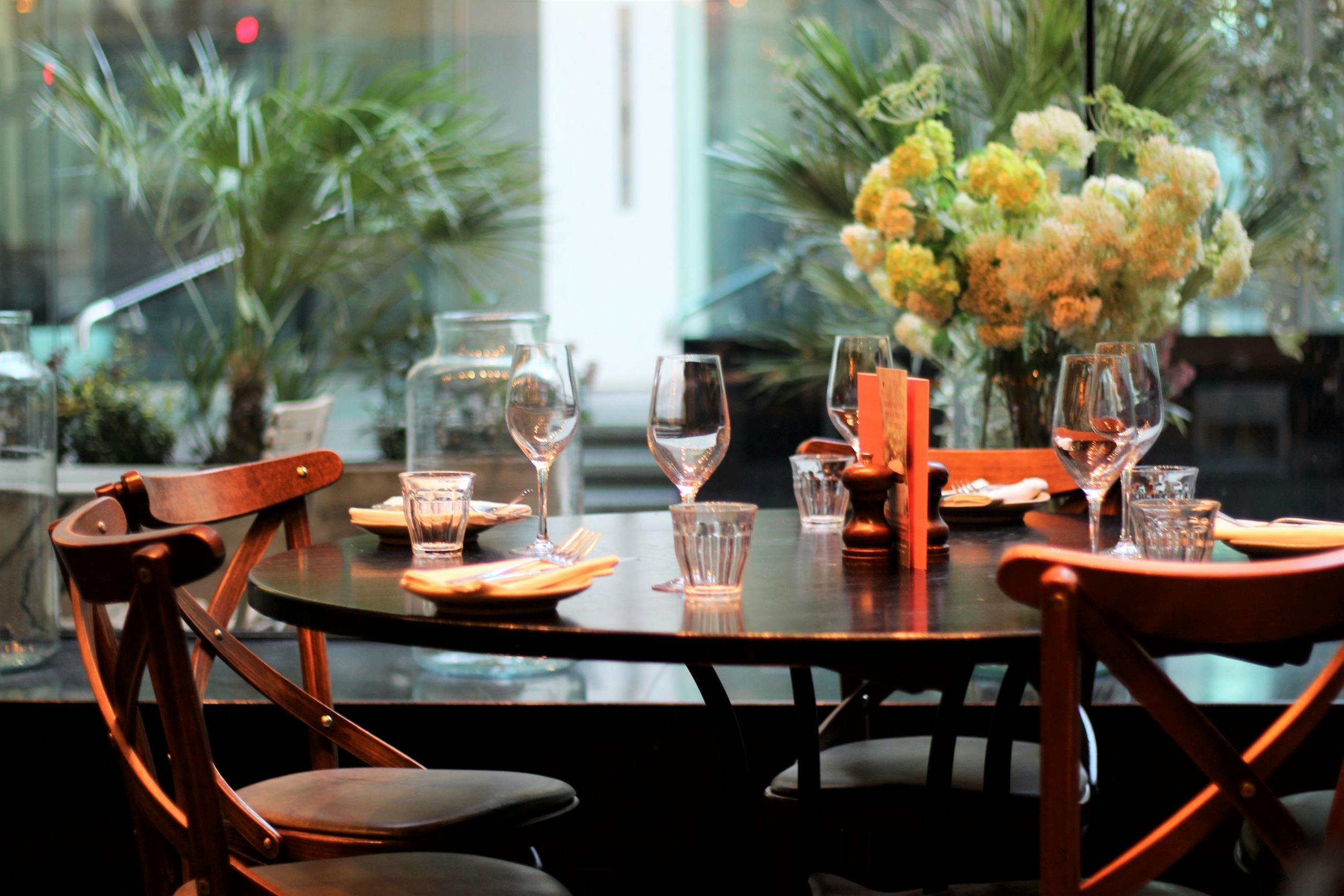 Elegant dining table setup at Brasserie Blanc for corporate dinners and gatherings.