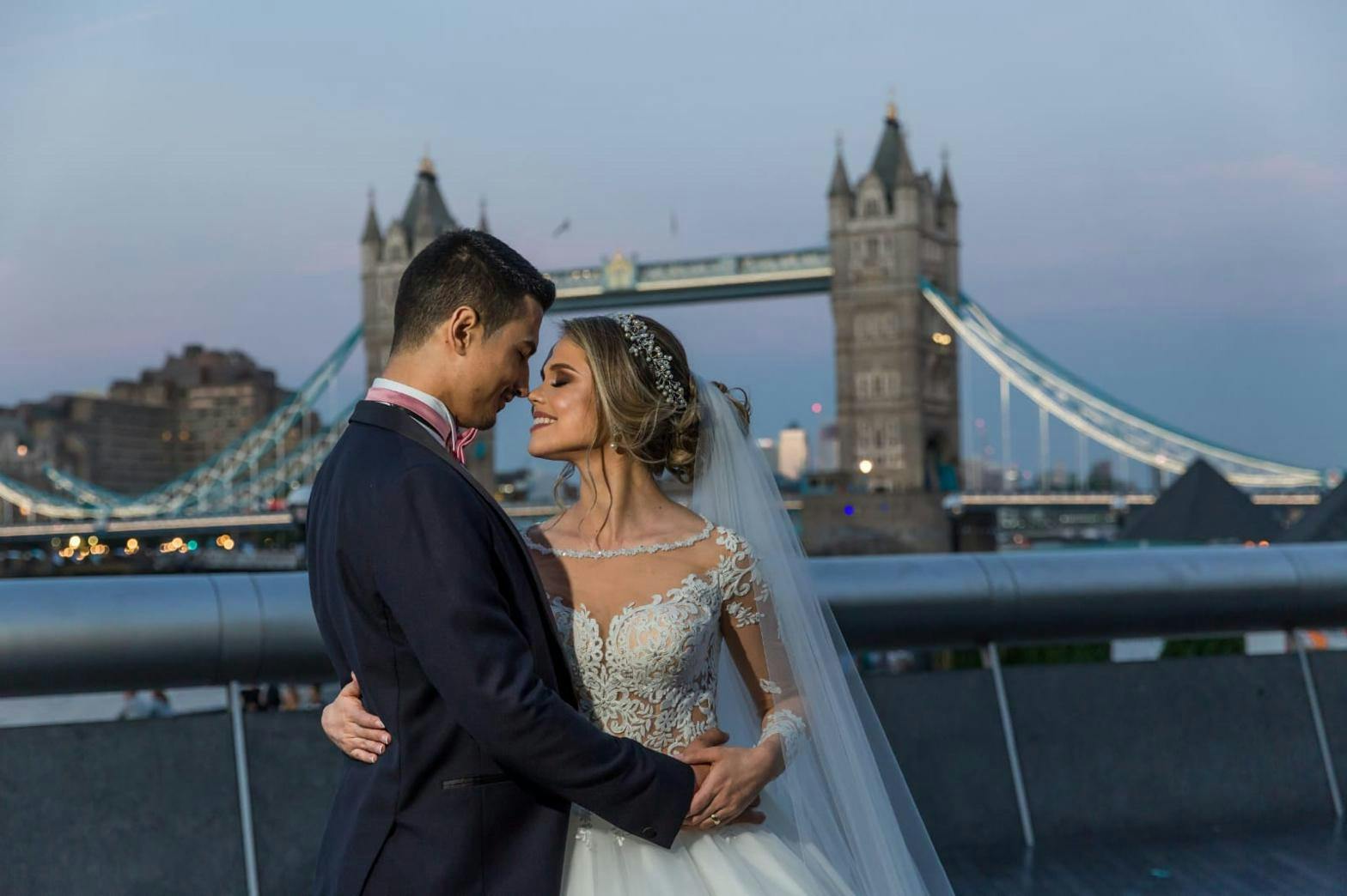 Romantic couple in Hilton London Tower Bridge suite, perfect for weddings and events.