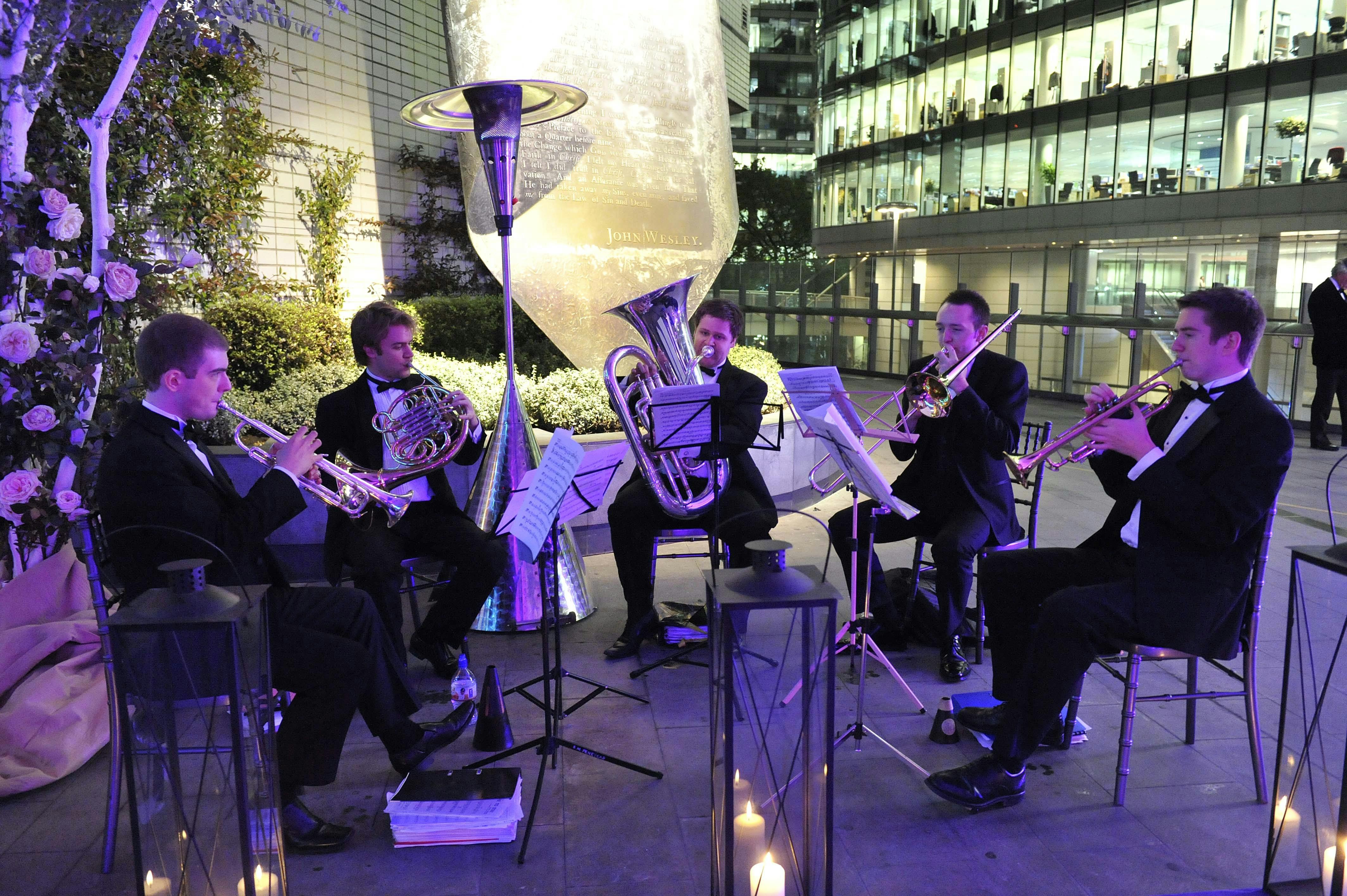 Elegant brass ensemble in London Museum Spaces for upscale outdoor events.