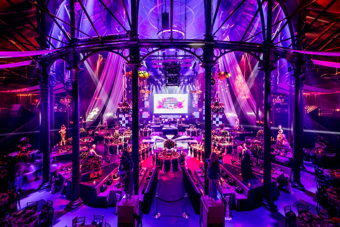 Elegant event space in Roundhouse with dramatic lighting for high-profile gatherings.