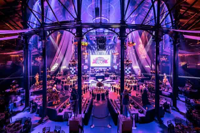 Elegant event space in Roundhouse with dramatic lighting for high-profile gatherings.