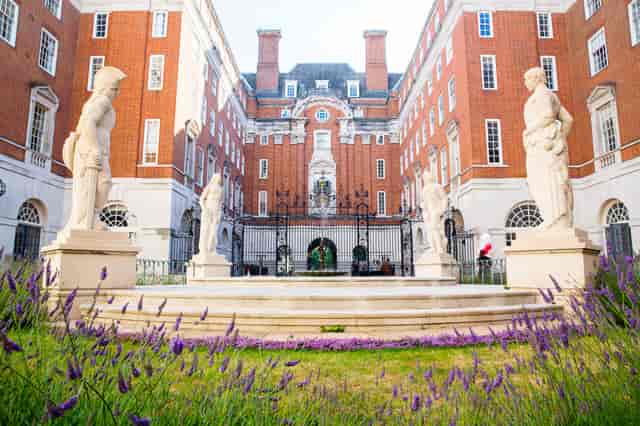 BMA House courtyard fountain lavender reception event