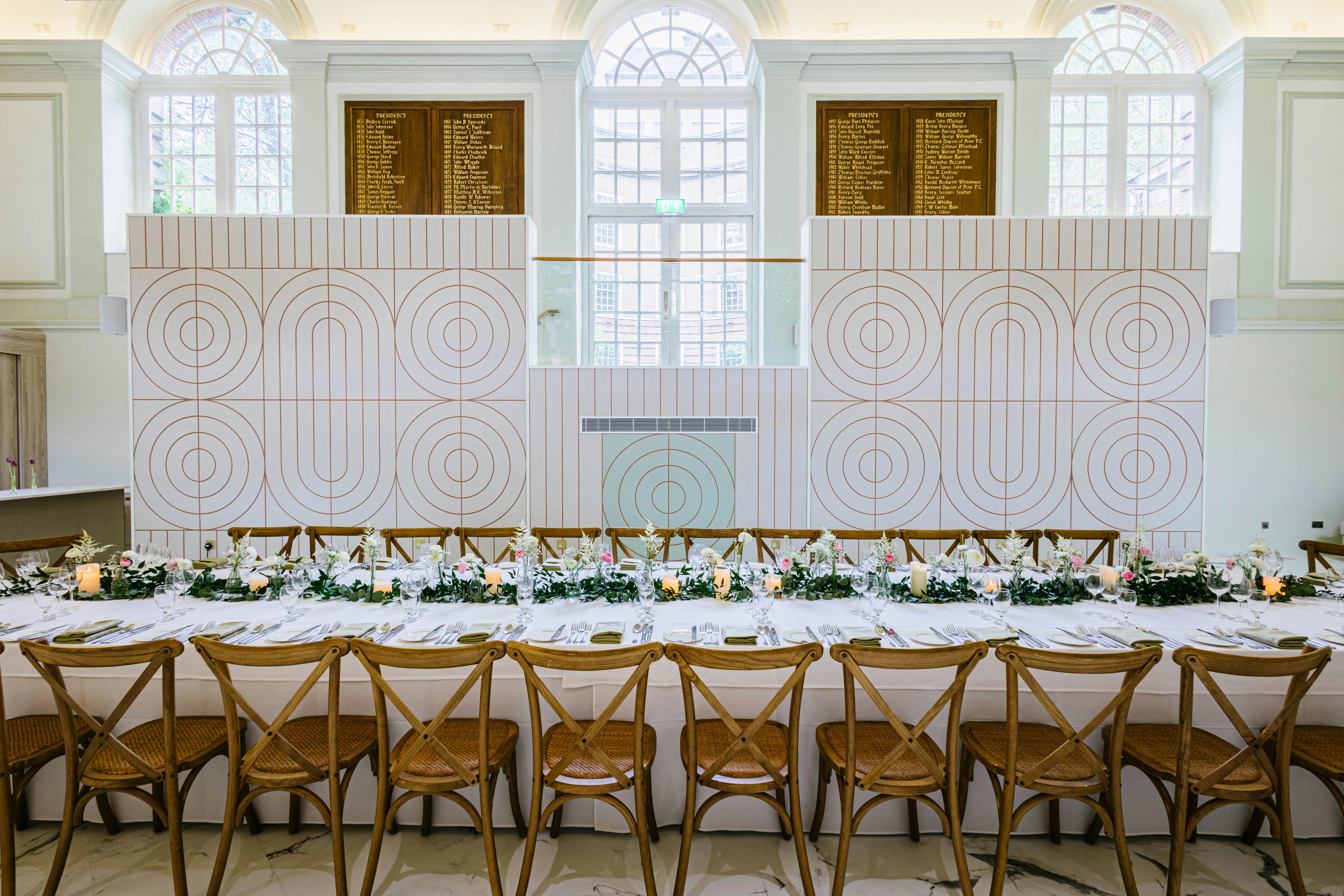 Elegant banquet table in Garden Room, BMA House for formal events and gatherings.