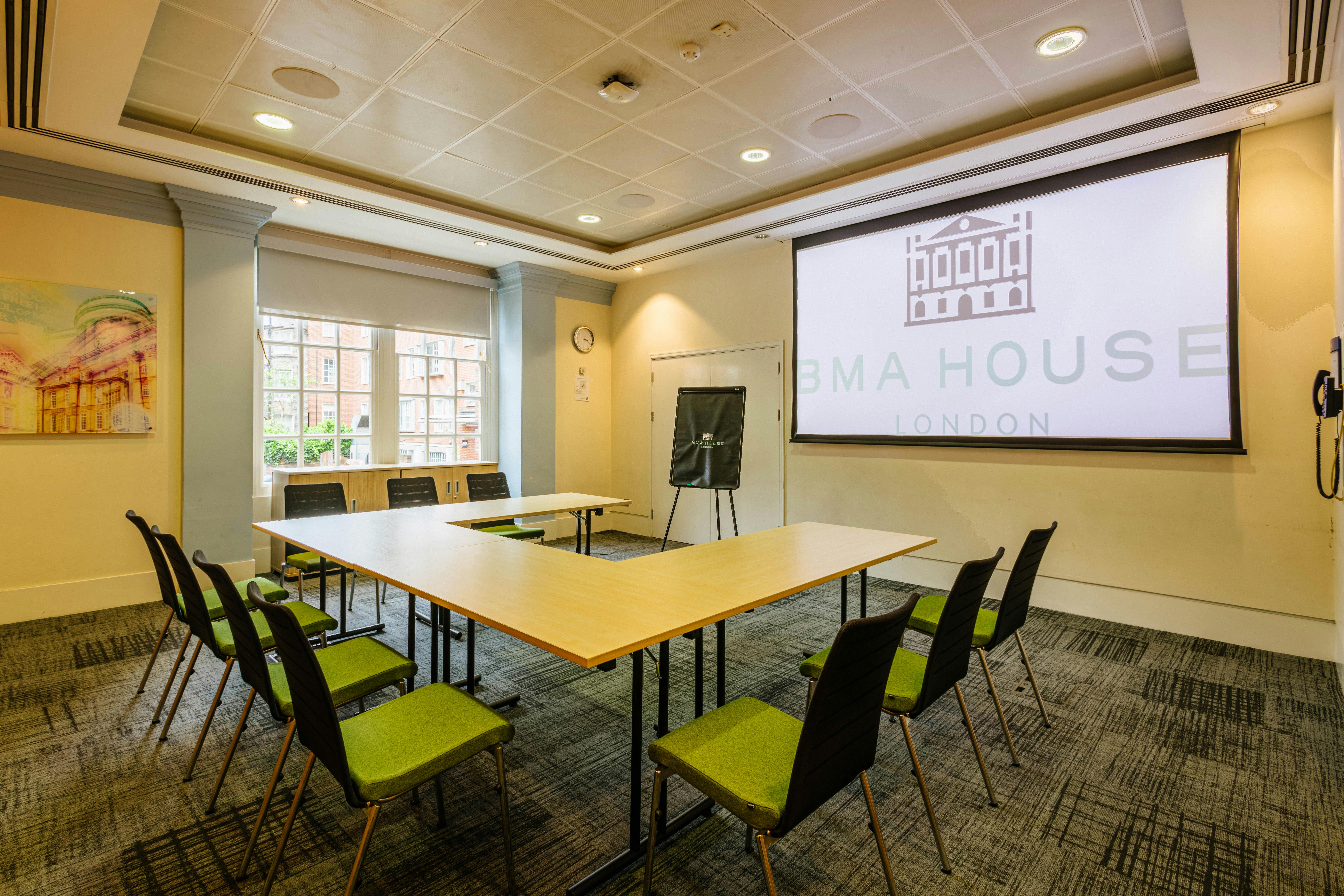 Anderson Room at BMA House, London: modern meeting space with large screen for workshops.