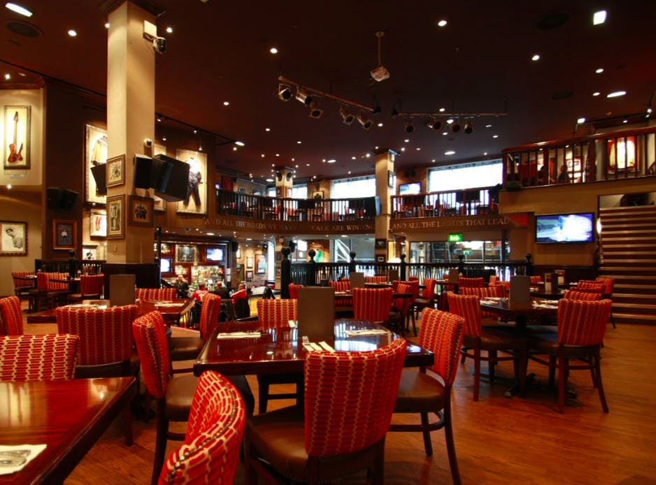 Vibrant Hard Rock Manchester venue with stylish decor for events and live entertainment.