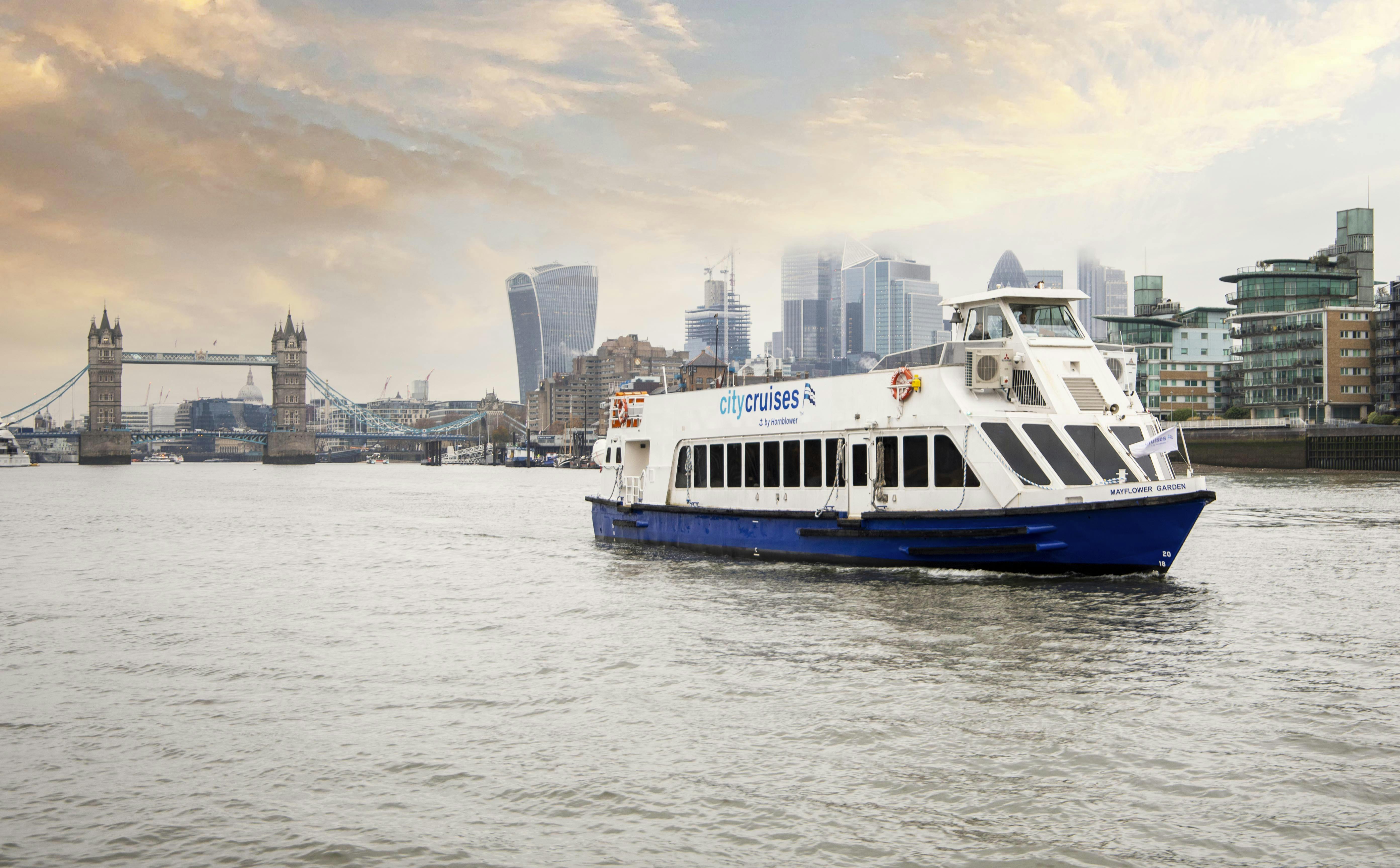 MV Mayflower Garden riverboat with Tower Bridge, ideal for unique events and networking.