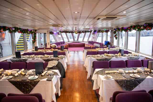 MV Mayflower Garden event space with elegant tables for waterfront gatherings and meetings.