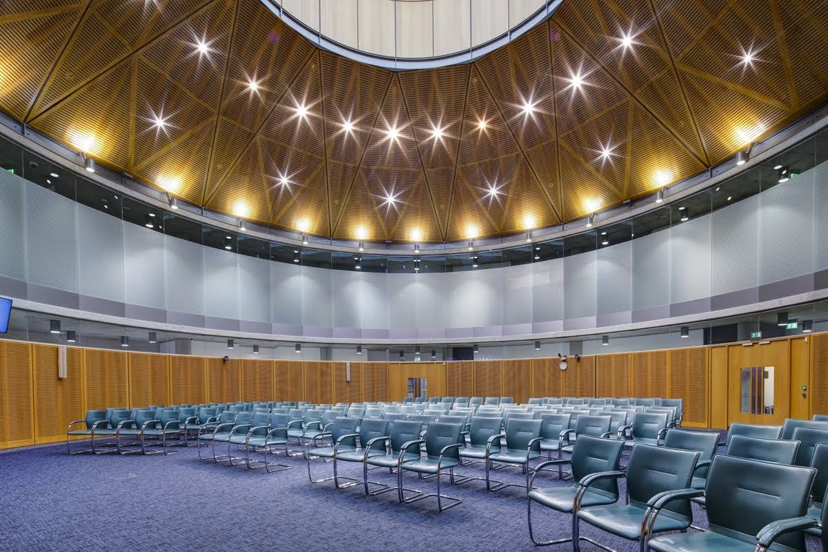 Modern conference hall at Wembley with circular layout, ideal for presentations and workshops.