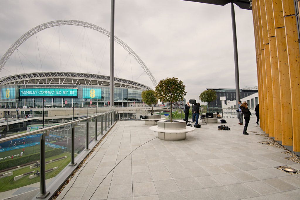 Terrace Rooms at Wembley Stadium, modern outdoor space for events and networking.