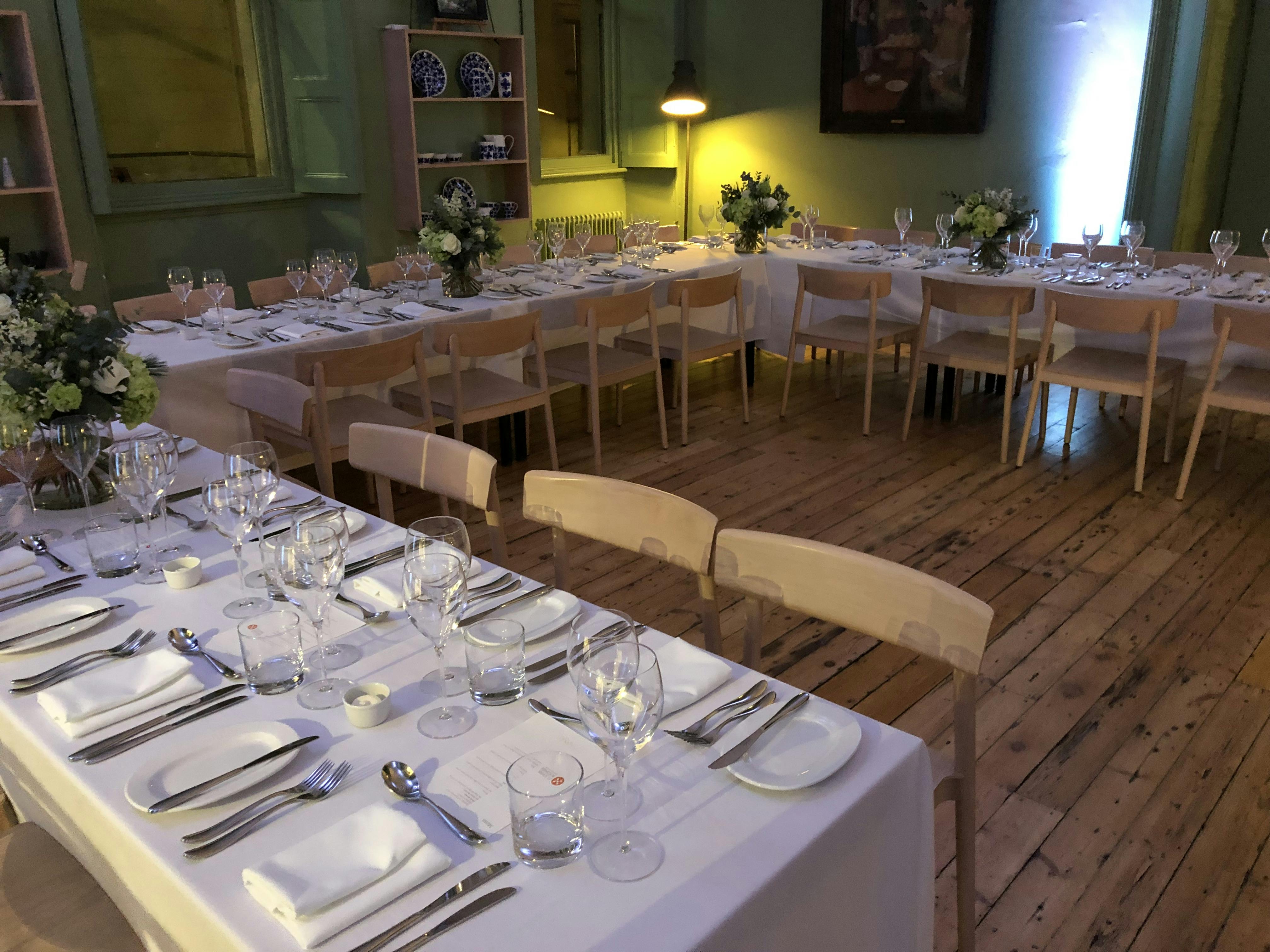 Elegant dining setup at Gallery Cafe, Manchester Art Gallery for intimate events and dinners.