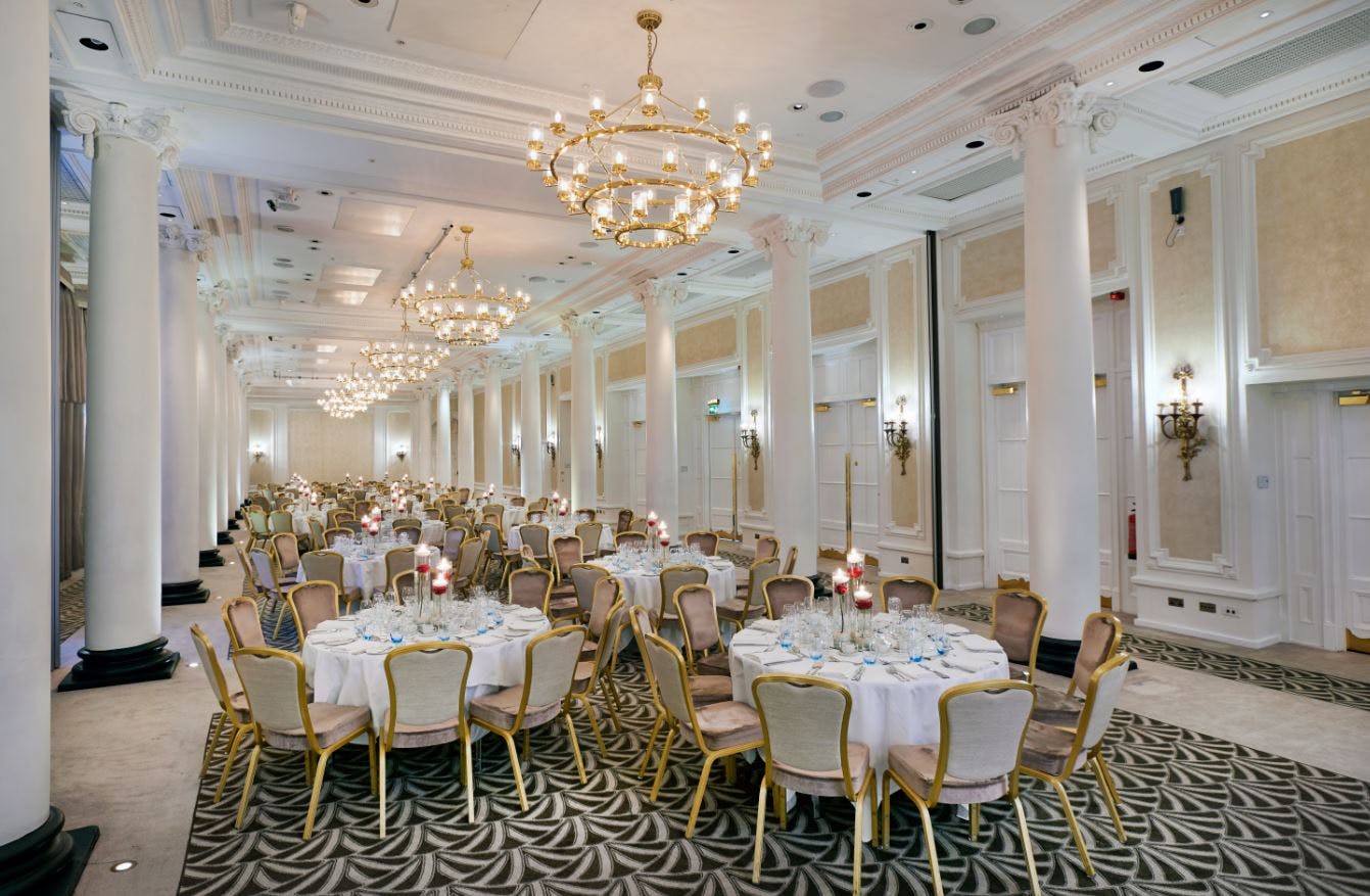 Elegant banquet hall in The Adelphi Suite, Waldorf Hilton, ideal for weddings and galas.