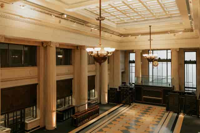 Neoclassical Banking Hall Main Hall with grand architecture for luxury gala or cocktail reception.