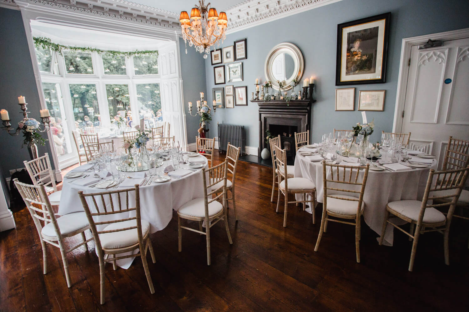 Elegant dining area in Blue Lounge, Didsbury House Hotel for weddings and events. - Banner