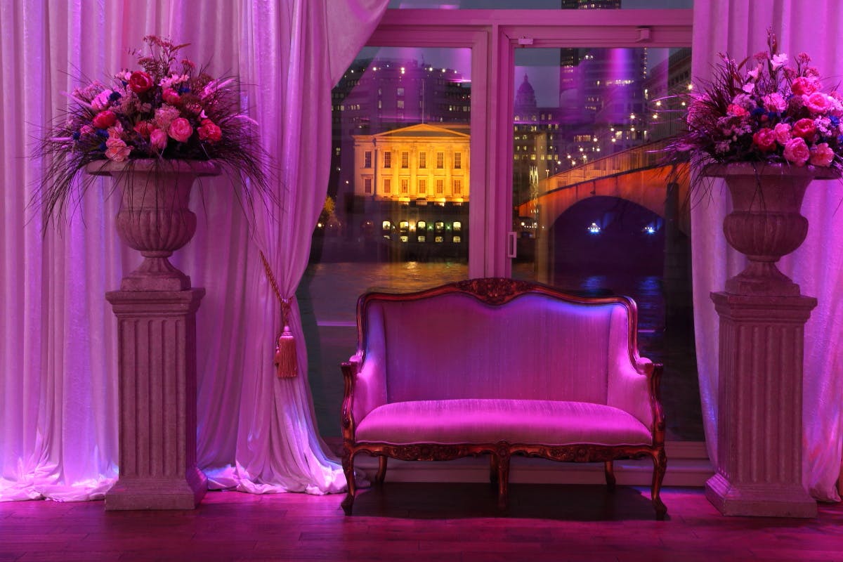Elegant River Room at Glaziers Hall, featuring soft drapery for weddings and corporate events.