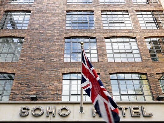 The Crimson Bar at The Soho Hotel, modern brick facade, ideal for corporate events.